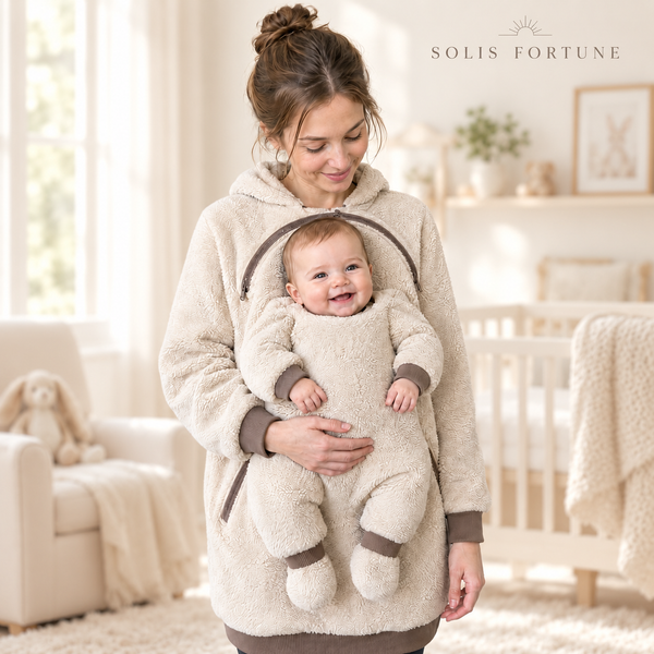 Solis Cuddle — une mère portant le sweat à capuche avec son bébé zippé sur le devant