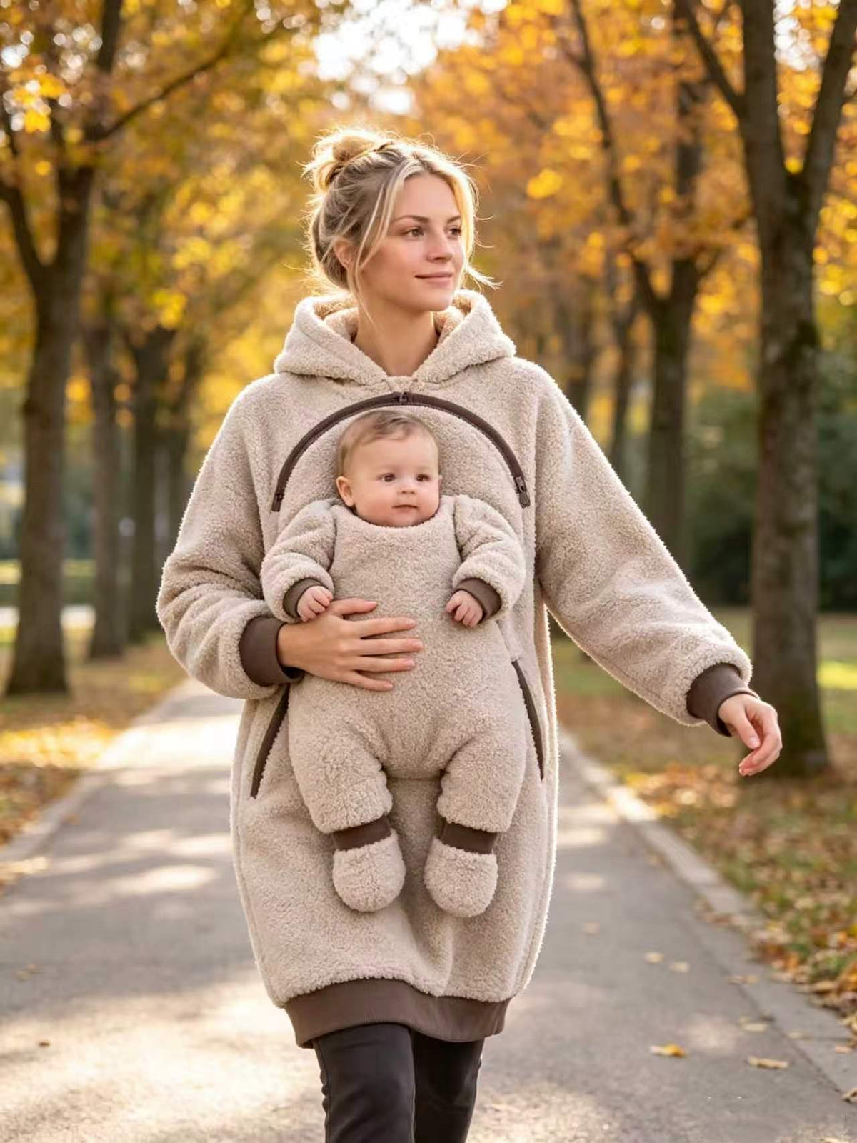 Solis Cuddle — walking outdoors with a baby in the hoodie's built-in carrier