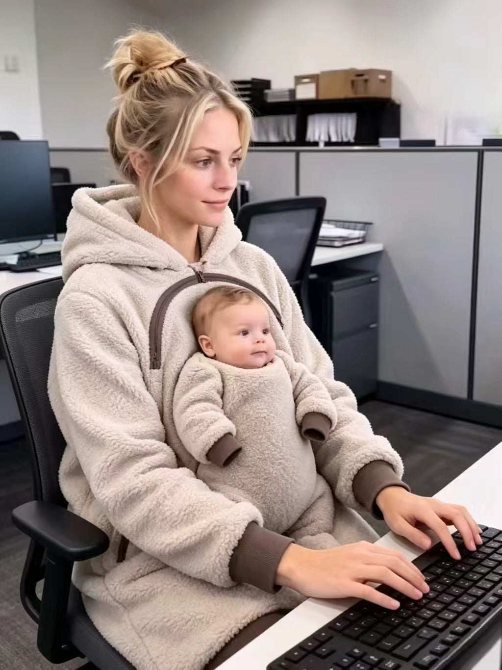 Solis Cuddle — working at a desk, hands free, with the baby on her chest