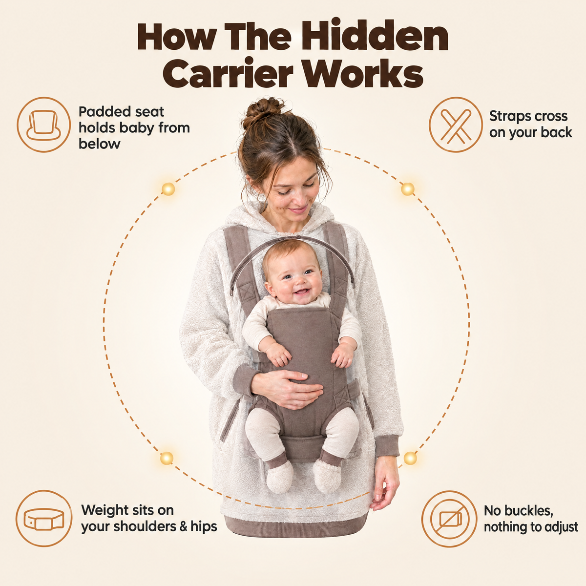 Solis Cuddle — the hidden padded seat and straps crossing on the back