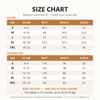 Solis Cuddle — size chart S to XXL; baby section fits 3–12 months up to 22 lb