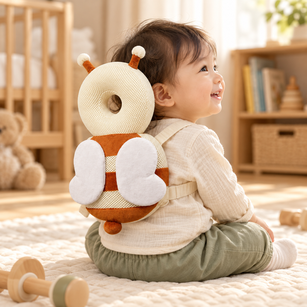 Solis Cushy bee mesh cushion worn on a seated toddler; lifestyle illustration