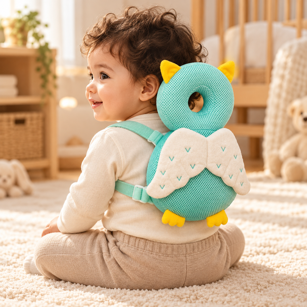 Solis Cushy owl mesh cushion worn on a seated toddler; lifestyle illustration
