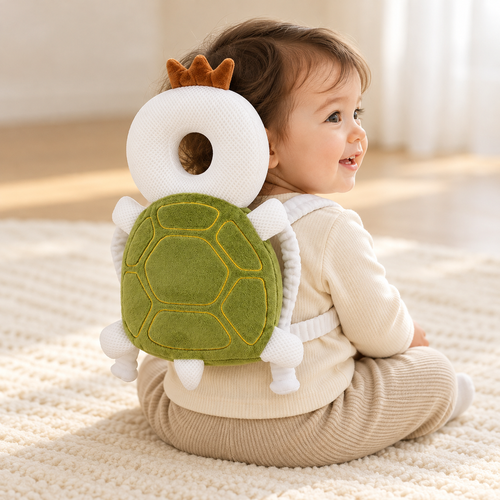 Solis Cushy turtle mesh cushion worn on a seated toddler; lifestyle illustration