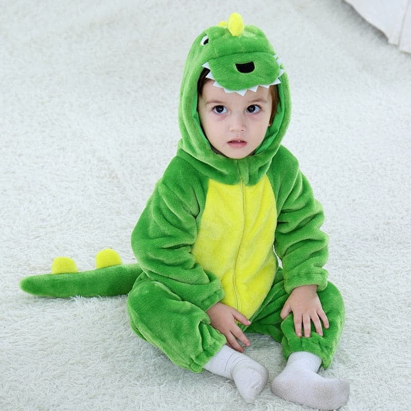Solis Dino Hoodie Romper — Green: fleece dinosaur onesie with spines and tail