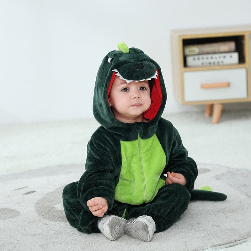 Solis Dino Hoodie Romper — Deep Green: fleece dinosaur onesie with spines and tail