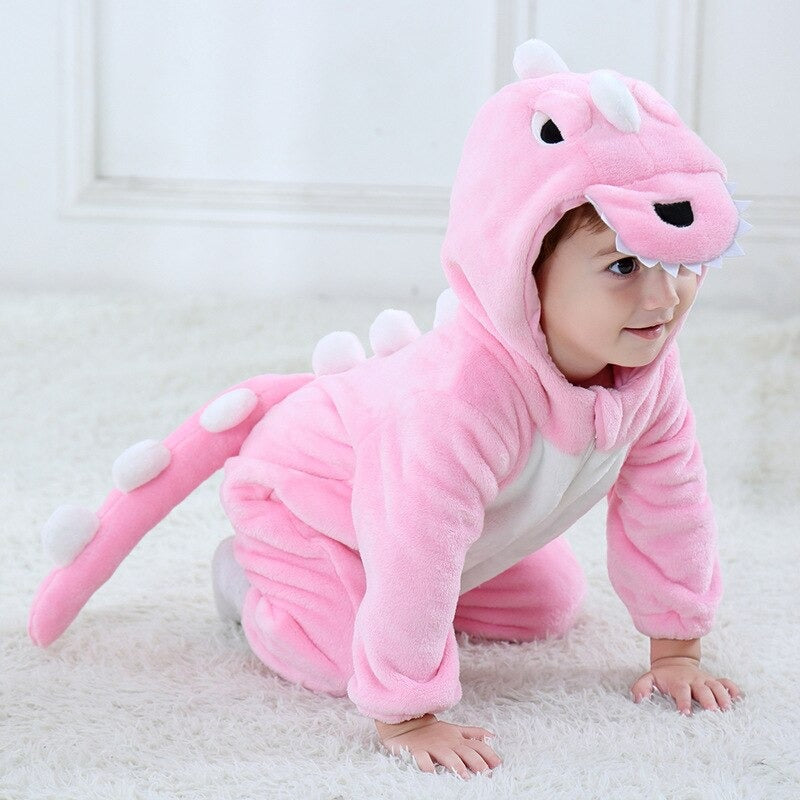 Solis Dino Hoodie Romper — Pink: fleece dinosaur onesie with spines and tail