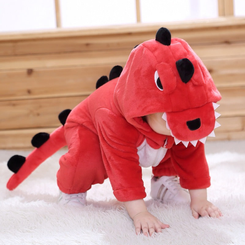 A baby crawling in the red Solis Dino Hoodie Romper