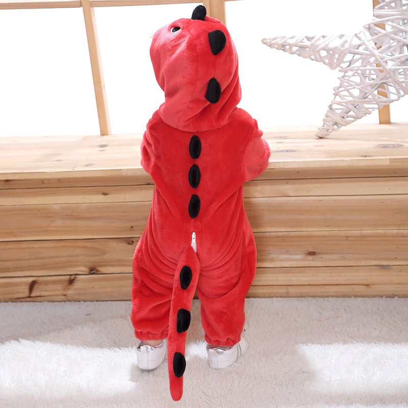 The back of the red Solis Dino Hoodie Romper, spines to tail