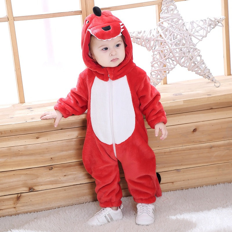 Solis Dino Hoodie Romper — Red: fleece dinosaur onesie with spines and tail