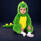 solis dino hoodie romper — Green worn by a child on a dark navy studio background