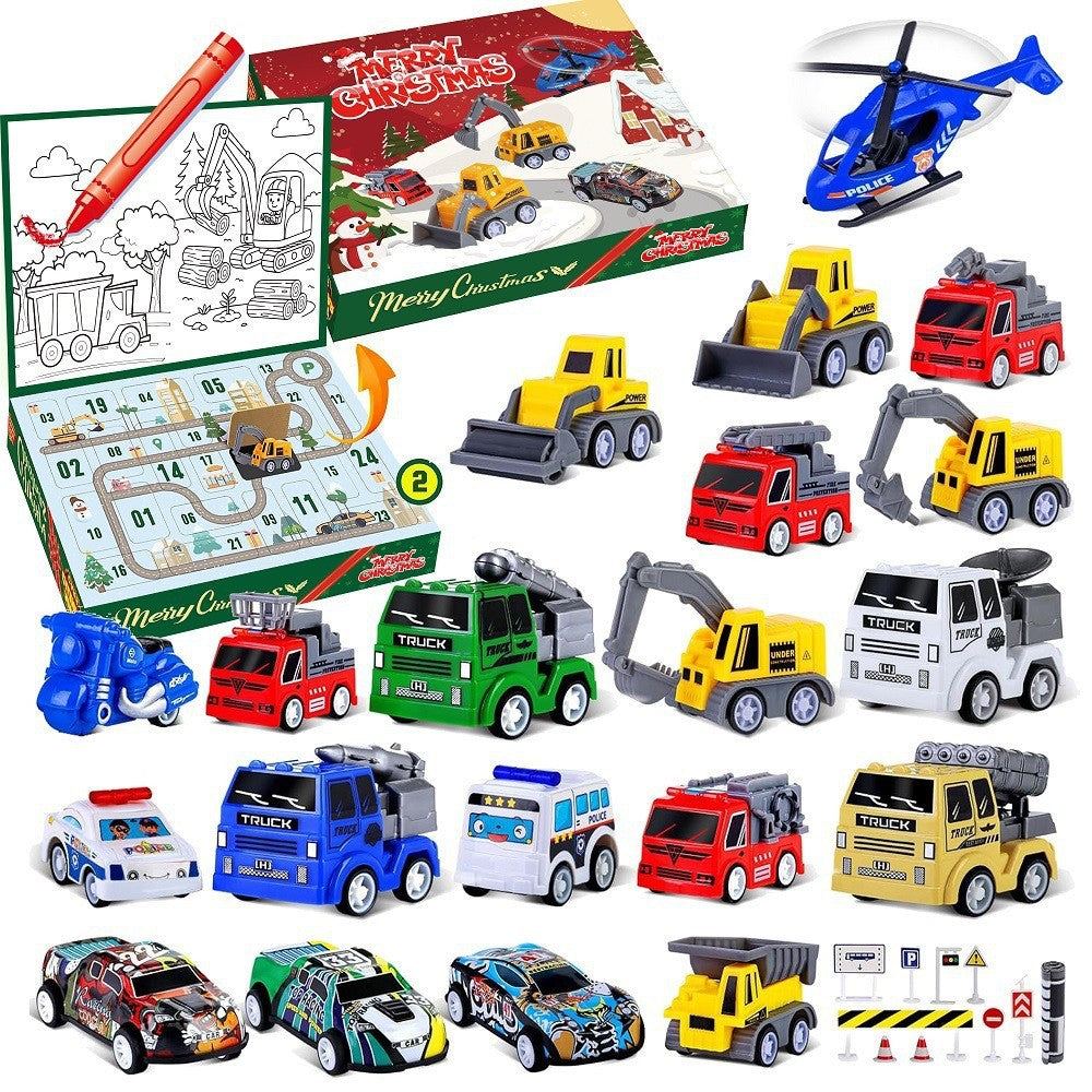 Construction Vehicles Advent Calendar with Coloring Mat — Solis Doodle Trucks, full set