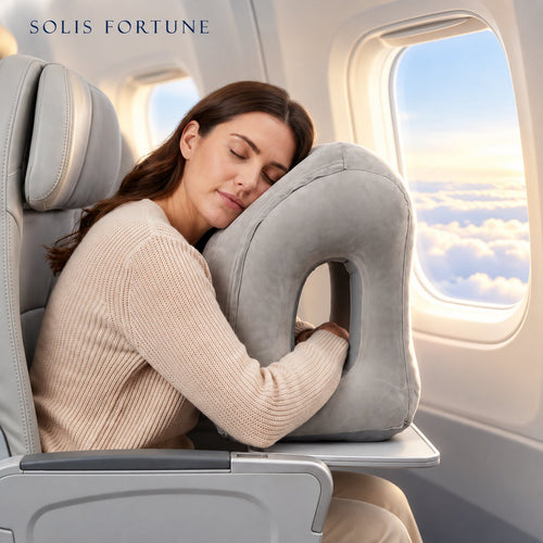 Solis Drift Travel Sleep Pillow in grey on an airplane tray table with a woman asleep against it
