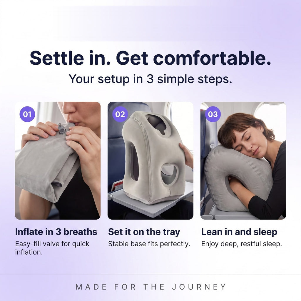 Solis Drift Travel Sleep Pillow set-up in three steps: inflate, set it on the tray, lean in