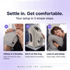 Solis Drift Travel Sleep Pillow set-up in three steps: inflate, set it on the tray, lean in