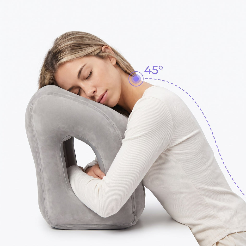 Solis Drift Travel Sleep Pillow supporting the head at a relaxed 45° forward lean