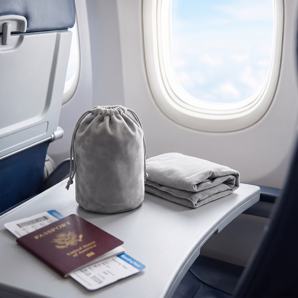 Solis Drift Travel Sleep Pillow deflated in its drawstring pouch beside a passport