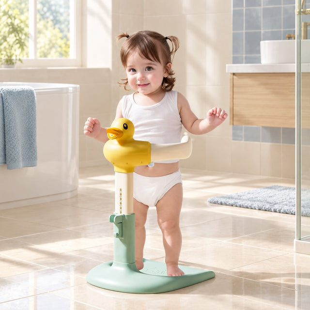 Solis Duckling Bath Stand: toddler standing at the duck handrail in a shower