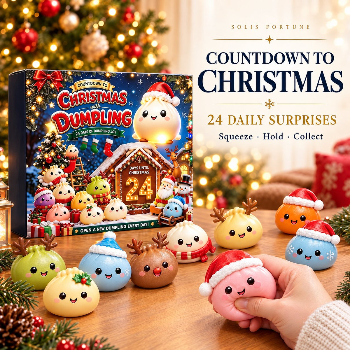 Solis Dumpling House — Christmas dumpling advent calendar box and a hand squeezing a dumpling squishy