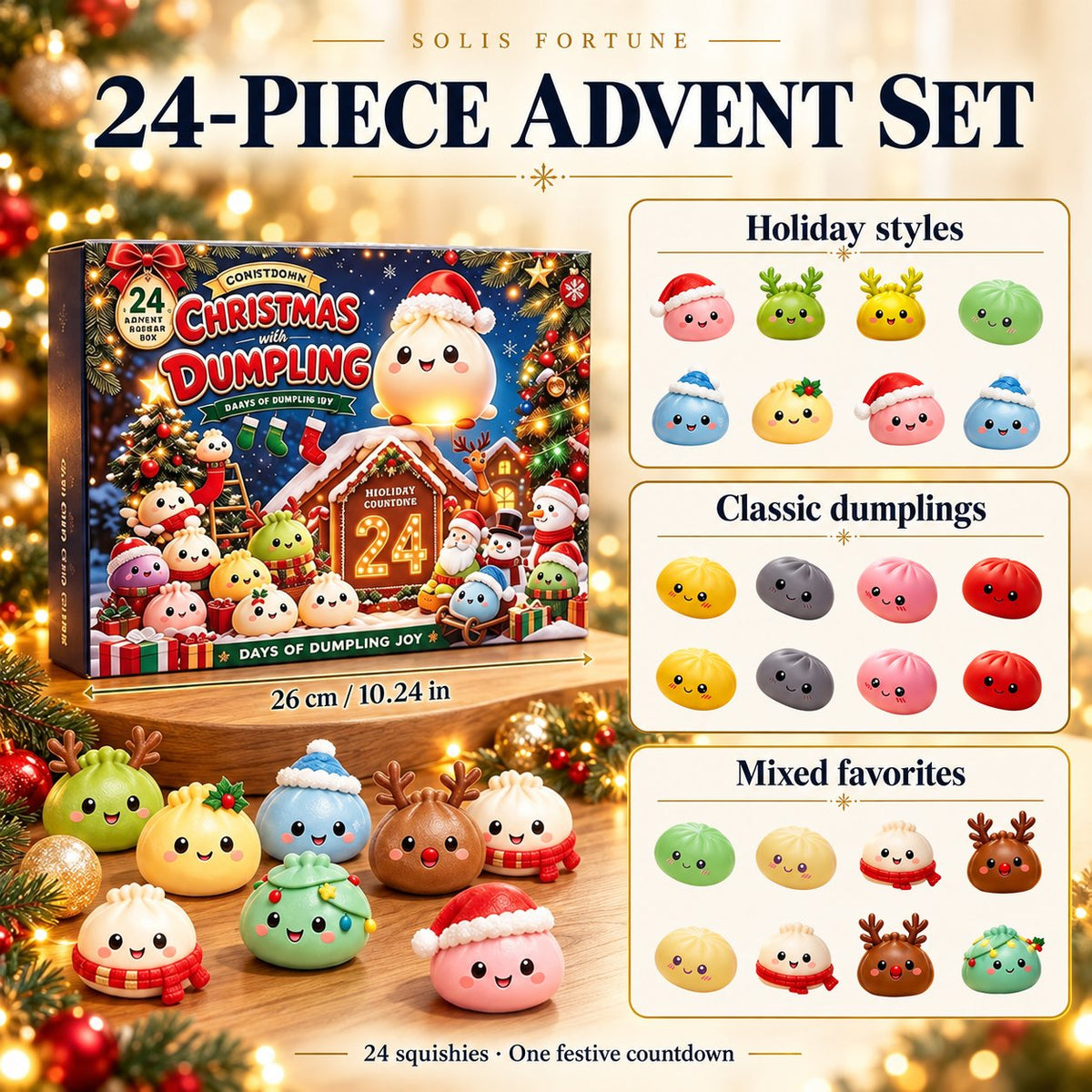 Solis Dumpling House — 24-piece dumpling squishy advent set: three dumpling sets in six festive colours