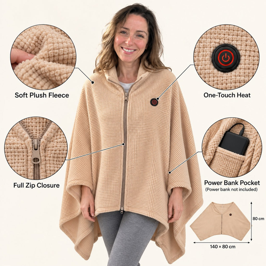 Solis Ember Heated Wearable Blanket features: plush fleece, one-touch heat button, full zip, power bank pocket, 140 x 80 cm