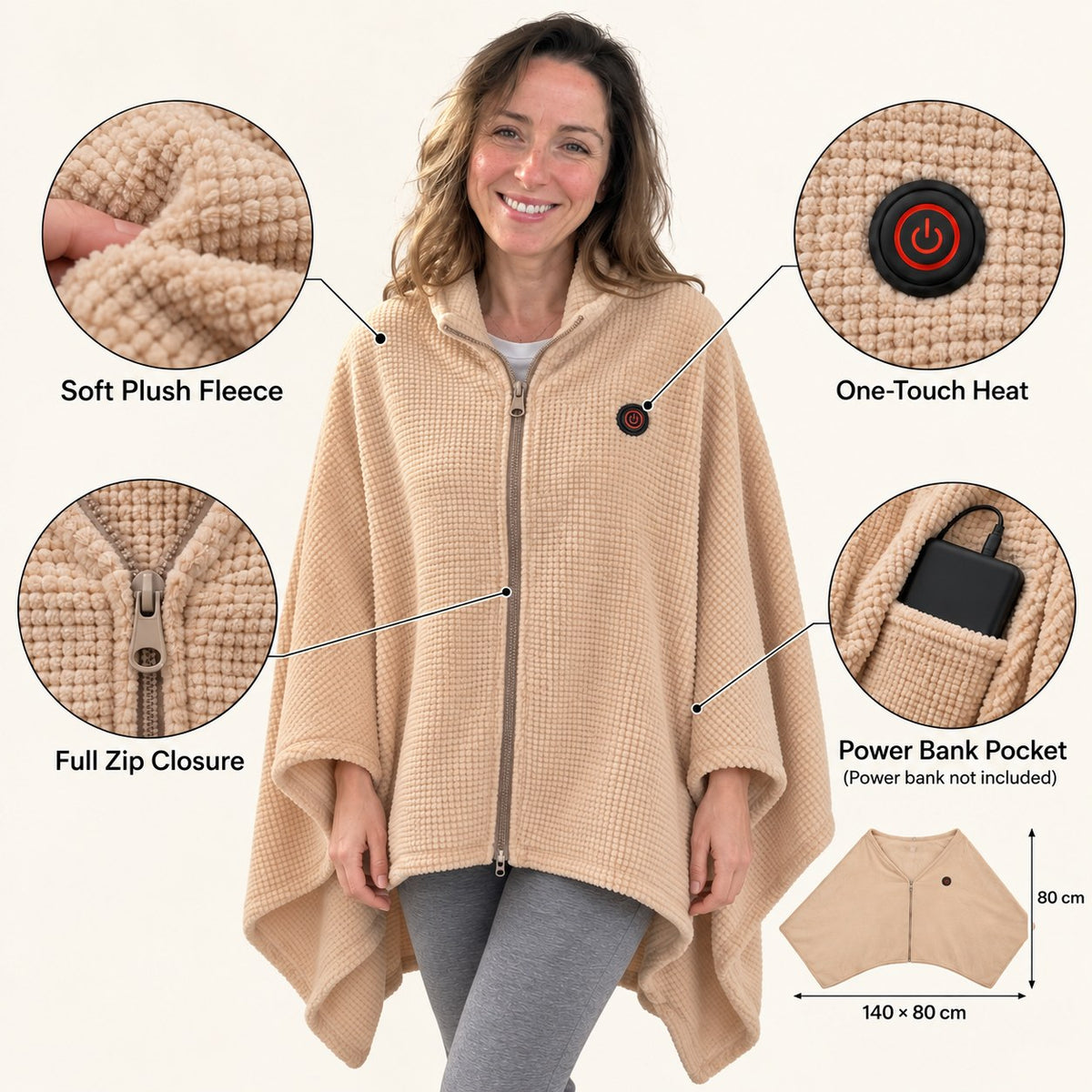 Solis Ember Heated Wearable Blanket features: plush fleece, one-touch heat button, full zip, power bank pocket, 140 x 80 cm