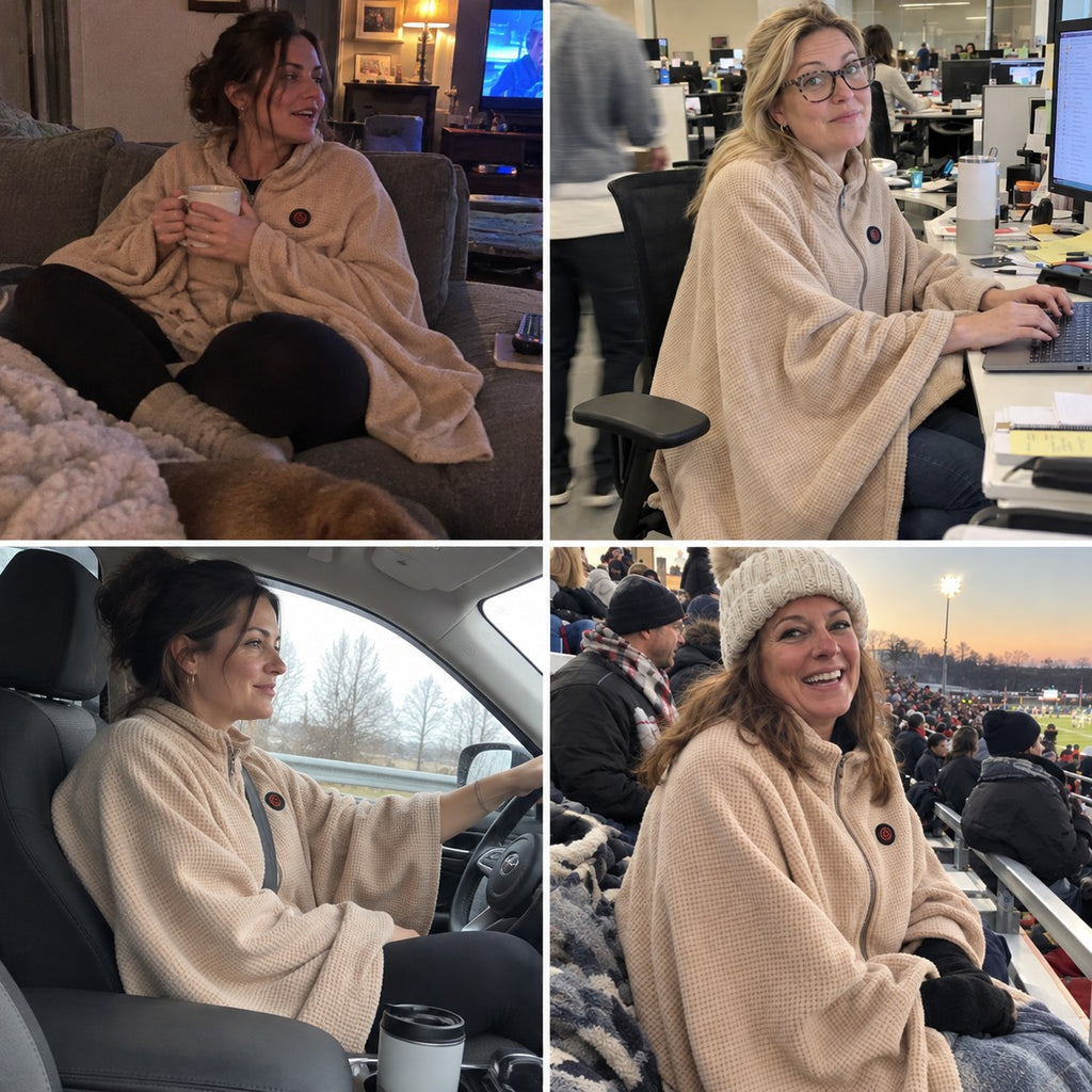 Solis Ember Heated Wearable Blanket worn on the couch, at the office, on a plane, in the car and at a stadium