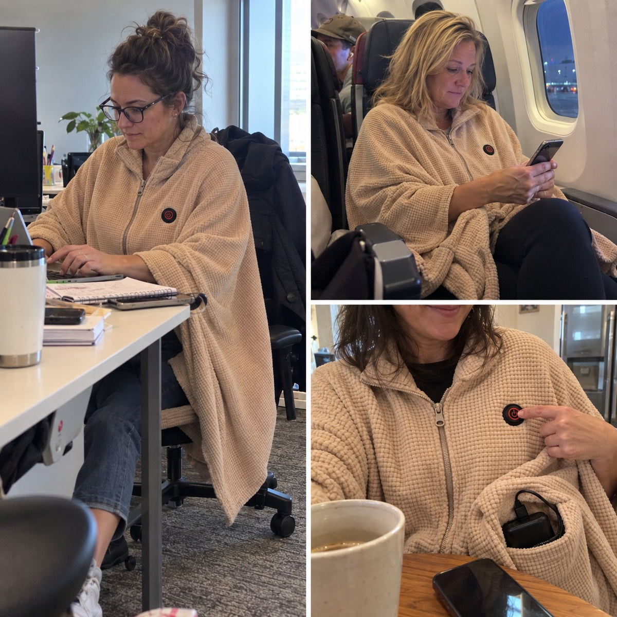 Solis Ember Heated Wearable Blanket the heat button and power bank pocket in use