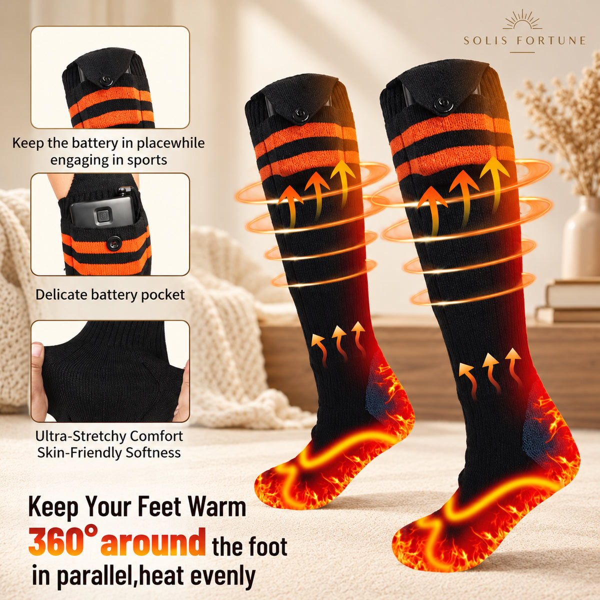 Solis Emberstride — battery pocket at the cuff and stretchy fabric of the heated socks