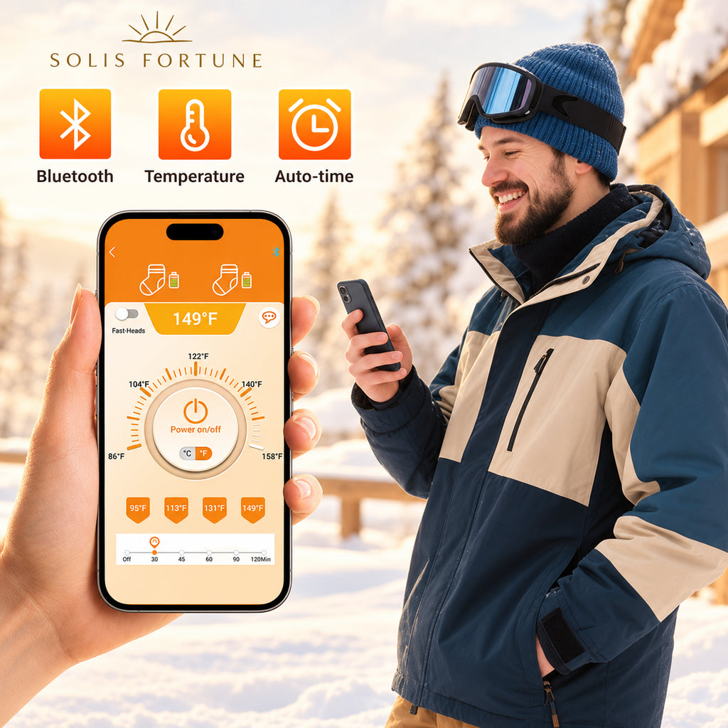 Solis Emberstride — two control methods: phone app over Bluetooth or the button on the battery