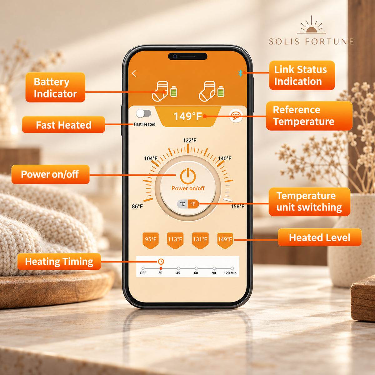 Solis Emberstride — heated socks app: power, heat level, fast heat, timer and °C/°F switch