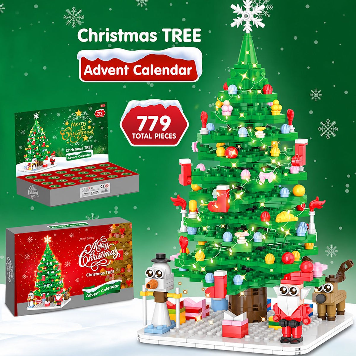 Christmas Tree Advent Calendar Building Blocks, 779 Pieces — Solis Evergreen, full set