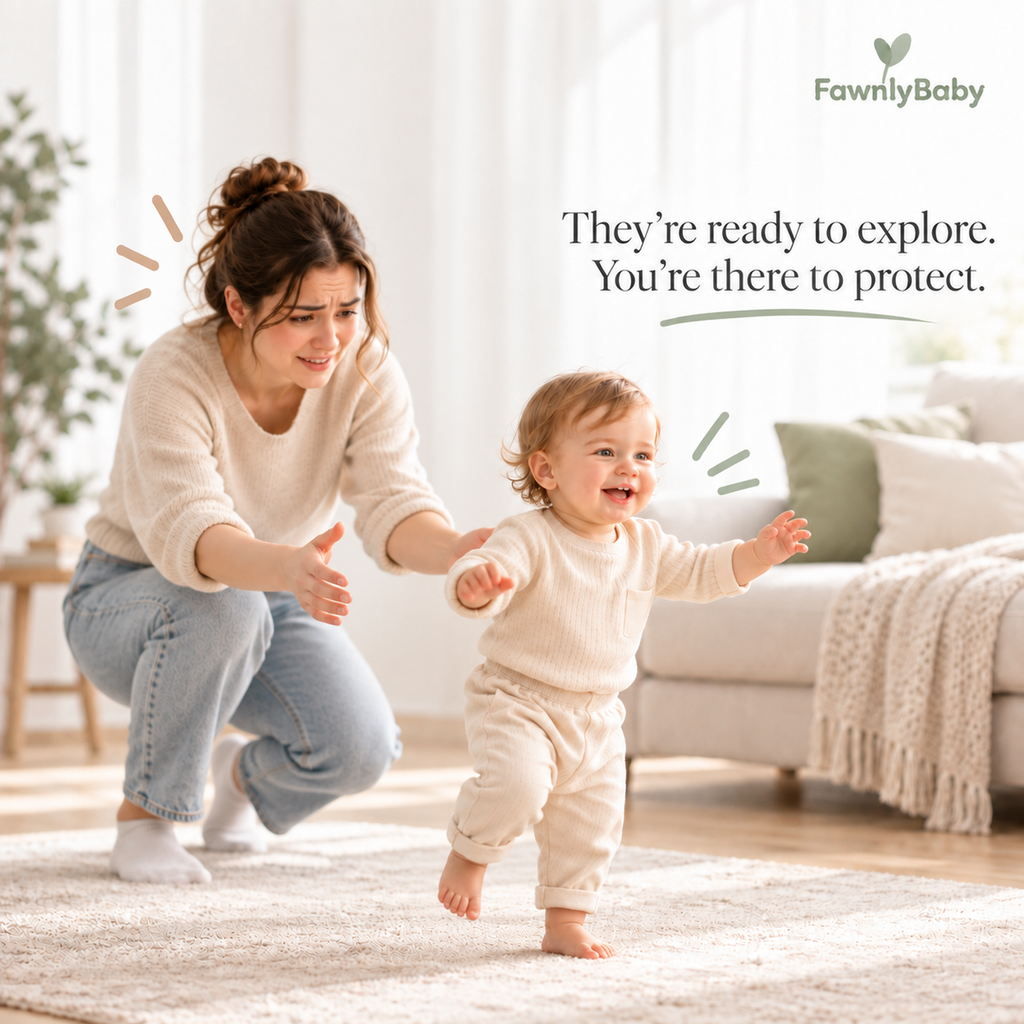 Solis First Steps — baby walking toward mum in the living room