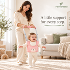 Baby walking harness with handle – {pink|blue} padded toddler walking assistant vest — mother holding the handle of the pink walking harness, standing upright