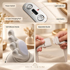 Solis Fivegrip — neck massager controls: power, USB-C port, light, heat button, silicone hand, buckle