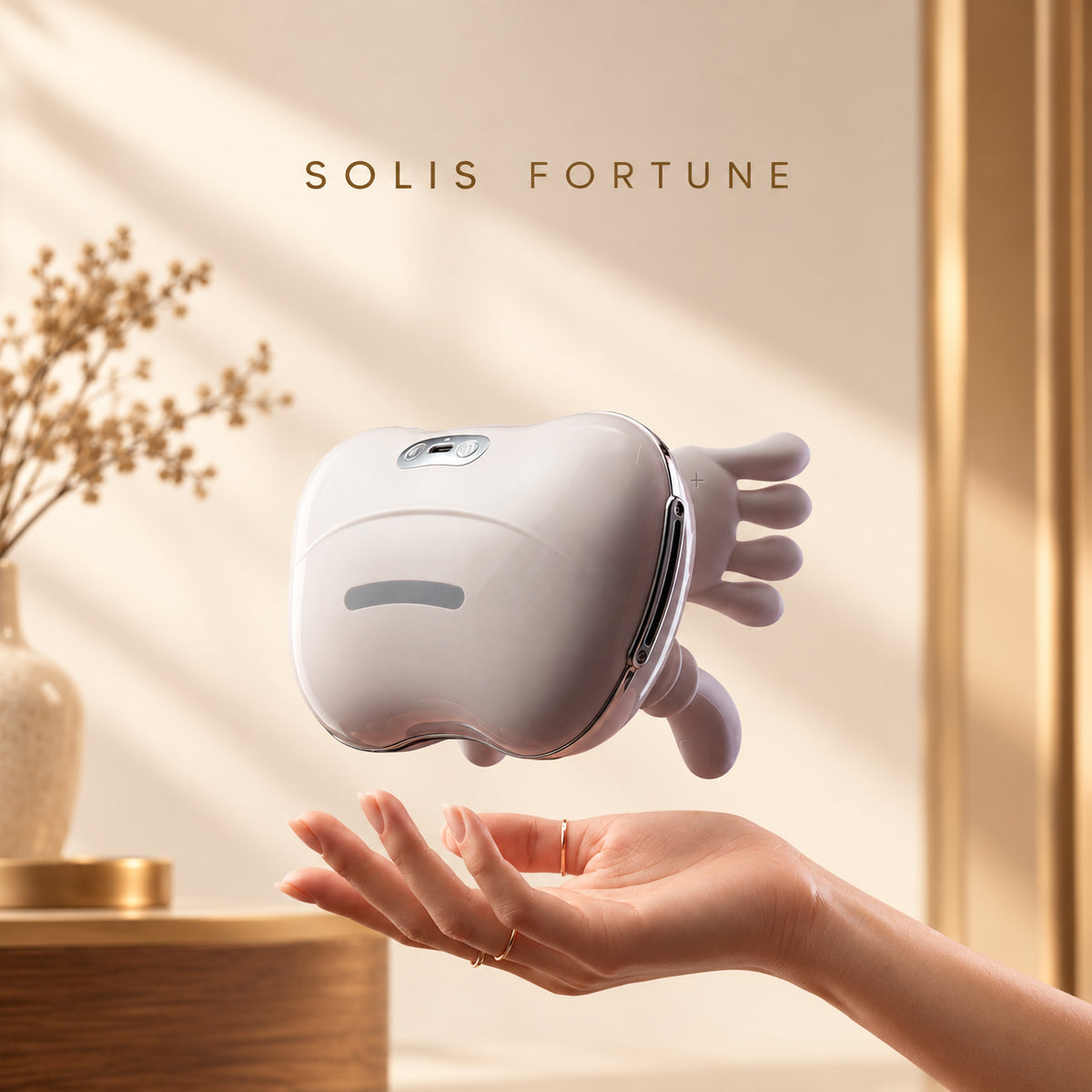 Solis Fivegrip — lightweight 760 g five finger neck massager above an open hand