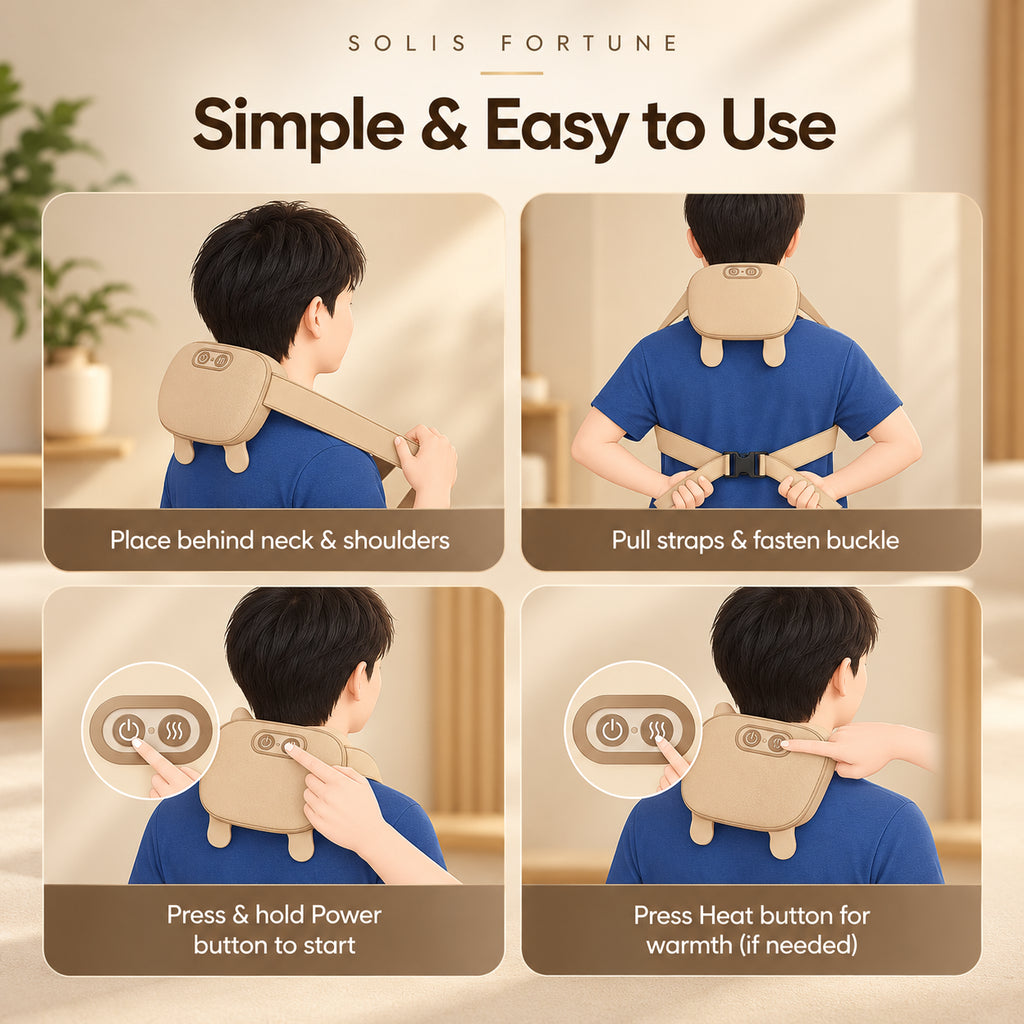 Solis Fivegrip — how to wear the neck massager: place, buckle, power, heat