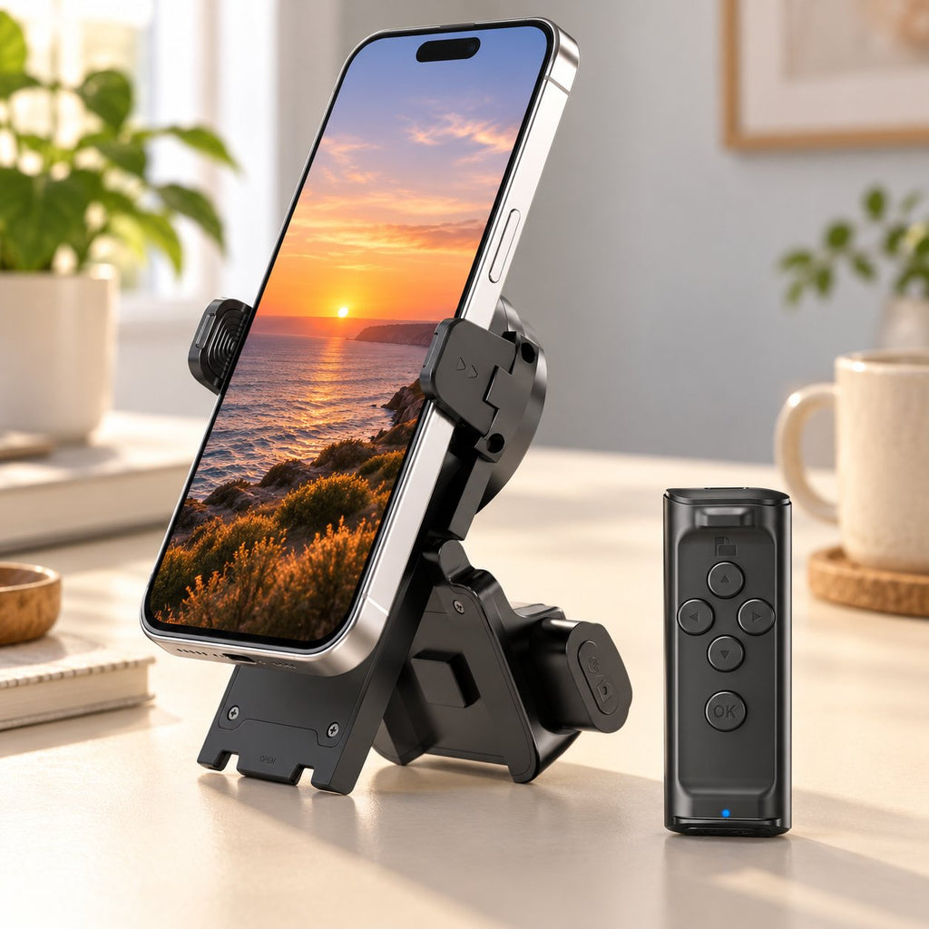 Solis Flick — black scrolling remote and phone stand holding a phone