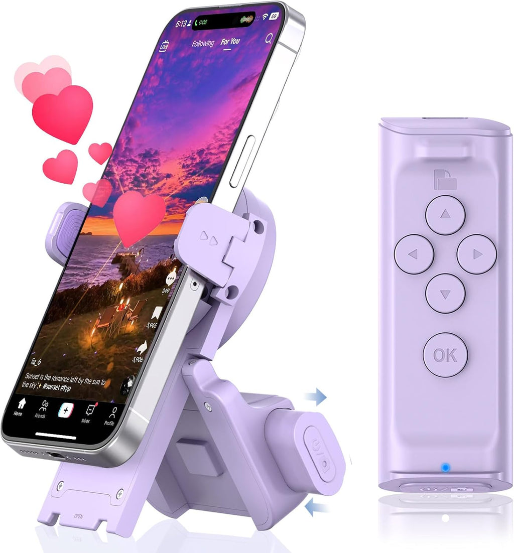 Solis Flick — purple scrolling remote and phone stand holding a phone