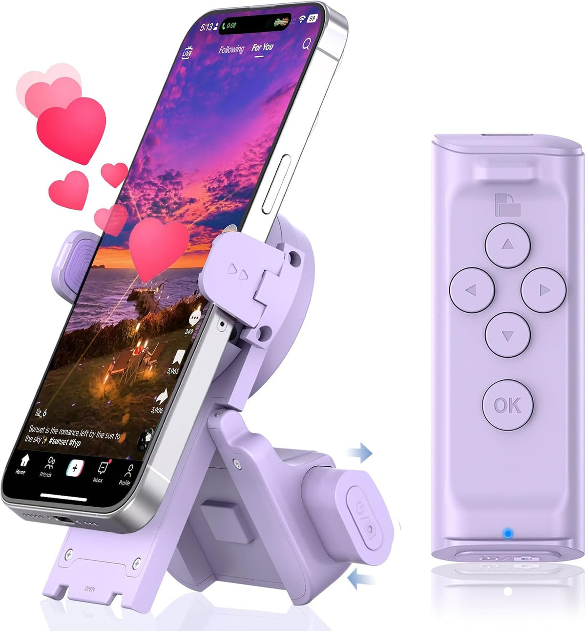 Solis Flick — purple scrolling remote and phone stand holding a phone