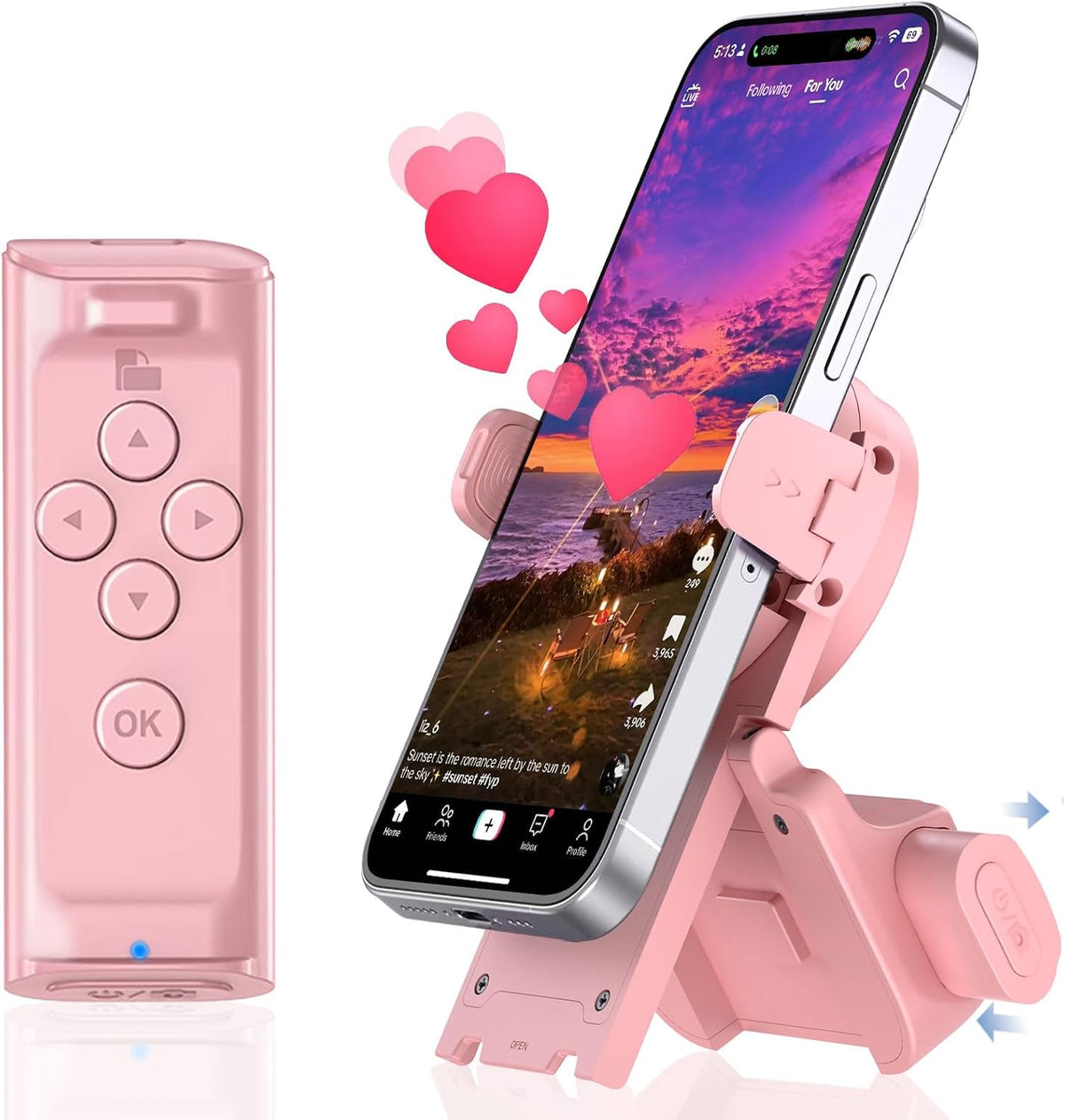 Solis Flick — rose pink scrolling remote and phone stand holding a phone