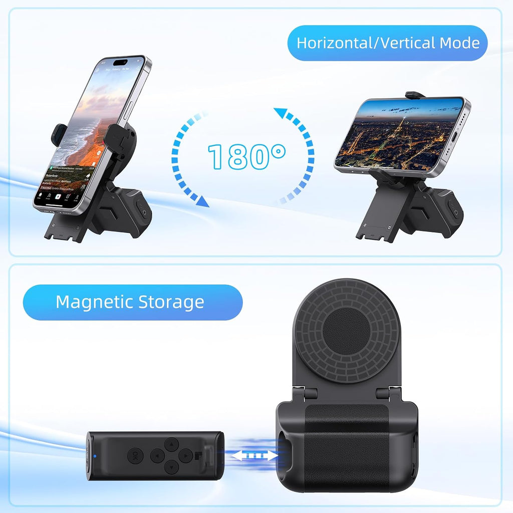 Solis Flick — phone stand rotates for portrait or landscape and stores the remote magnetically