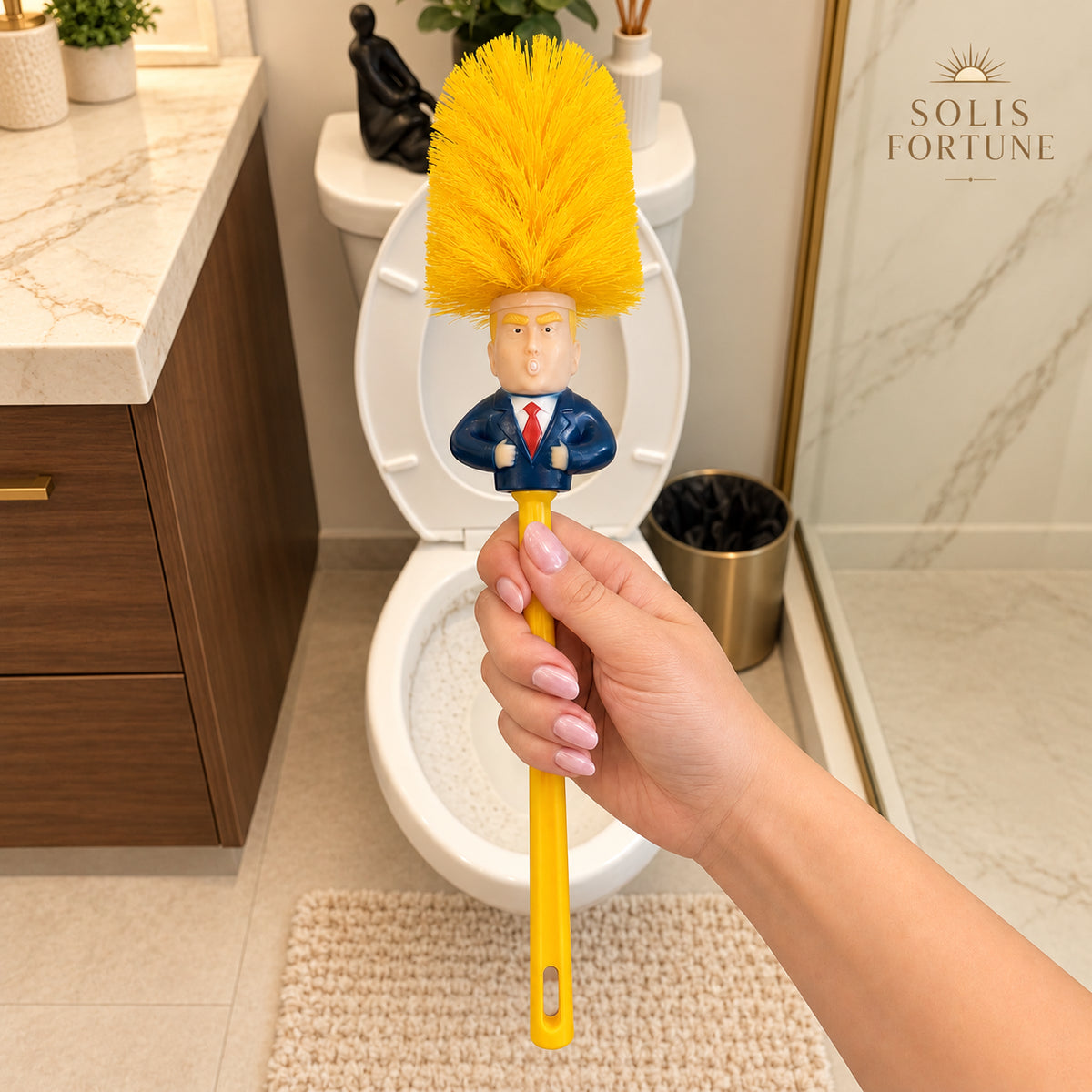 Solis Flush Chief — Standing Proud toilet brush held over a toilet in a bathroom