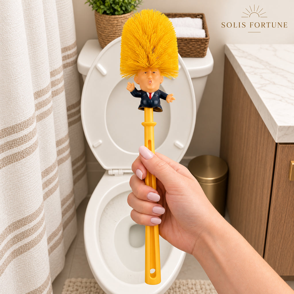 Solis Flush Chief — Dancing toilet brush held over a toilet in a bathroom