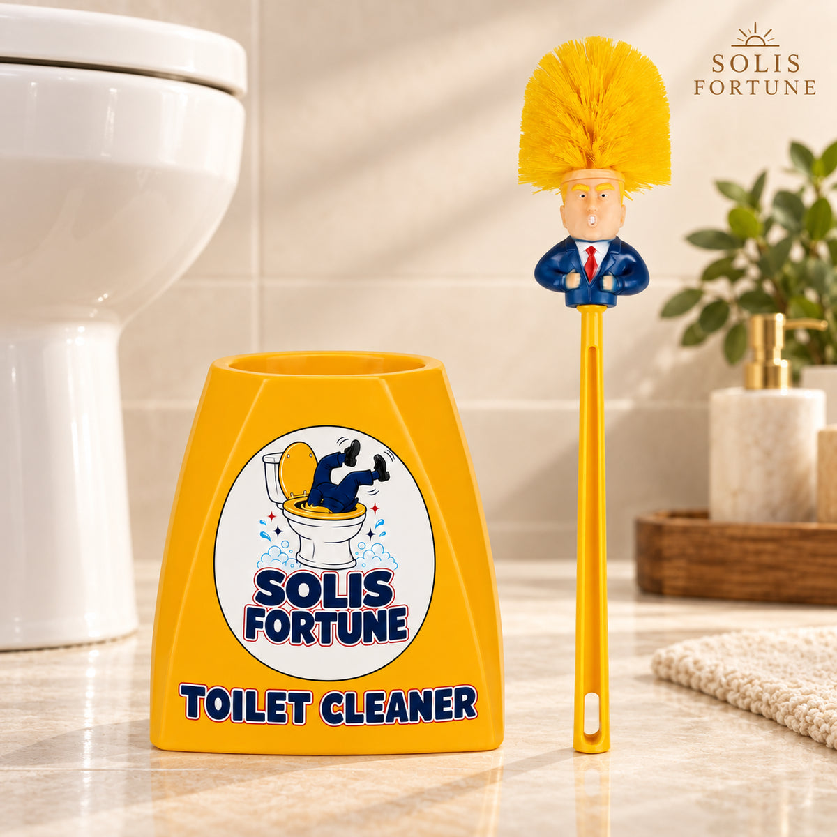 Solis Flush Chief — Standing Proud pose: toilet brush with a presidential figure in a blue suit
