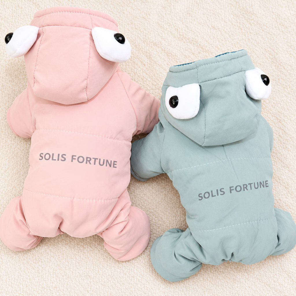 Solis Frostpaw — back view: dog winter jumpsuits with big 3D cartoon eyes on the hood