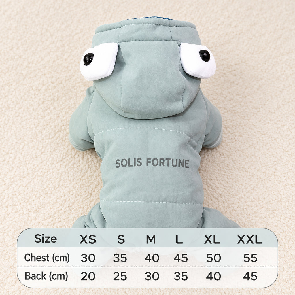 Solis Frostpaw — blue-grey dog winter jumpsuit with cartoon-eye hood