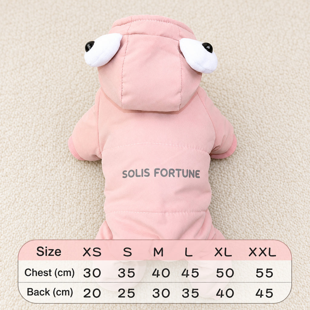 Solis Frostpaw — size table: chest and back length in cm, XS to XXL