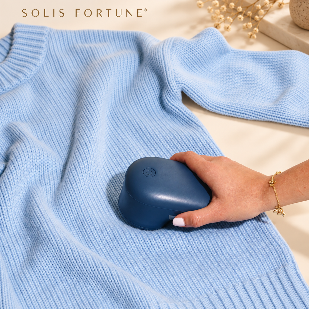 Solis Fuzzaway — removing pills from a blue knit sweater