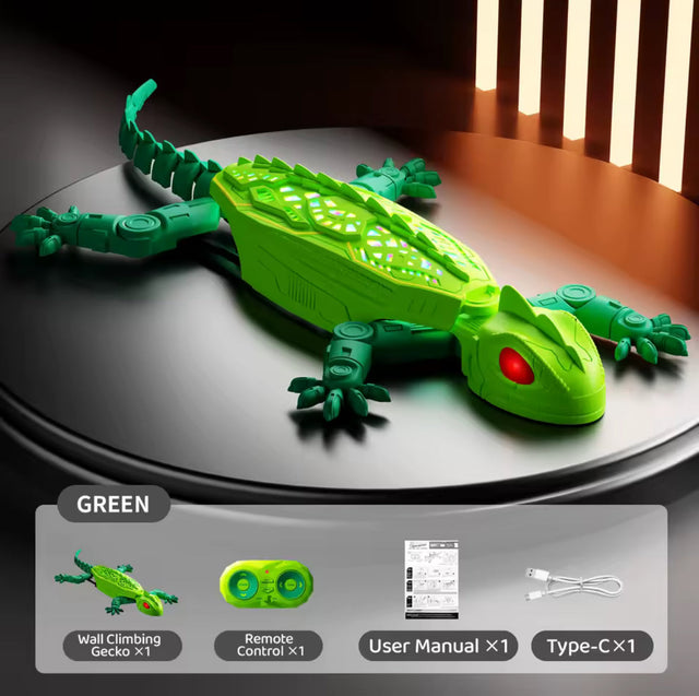 Solis Gekko — green wall climbing gecko with remote control, USB-C cable and manual